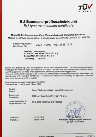 2500 kgh Buhar Kazanı Uygunluk Belgesi